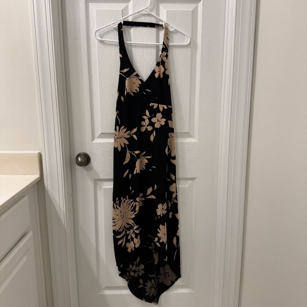 Y2K Vintage Floral Halter Top Babydoll Midi Dress Size L Asymmetrical Hem Resort